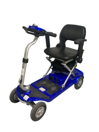 Metallic-blue foldable mobility scooter with black leather seat.