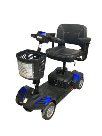 Metallic-blue mobility scooter with shopping basket and black leather seat.