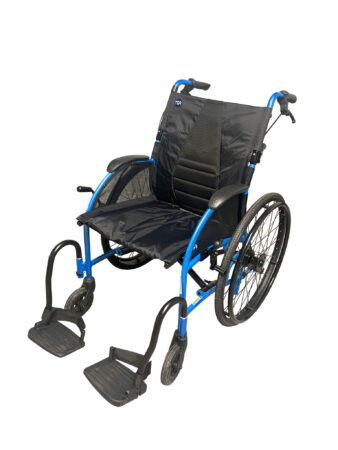 Manual wheelchair, with light-blue metal frame and black padded-nylon seat and back-rest. Includes handles at the back, with brake levers, and foot-rests at the front.