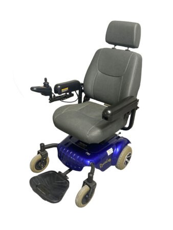 Metallic blue, powered wheelchair with grey leather padded seat.