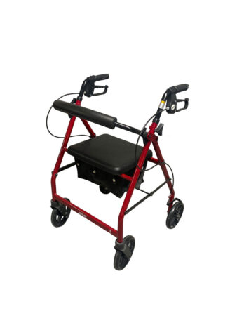 Red 'Rollator' walking frame with wheels and a black leather padded seat.